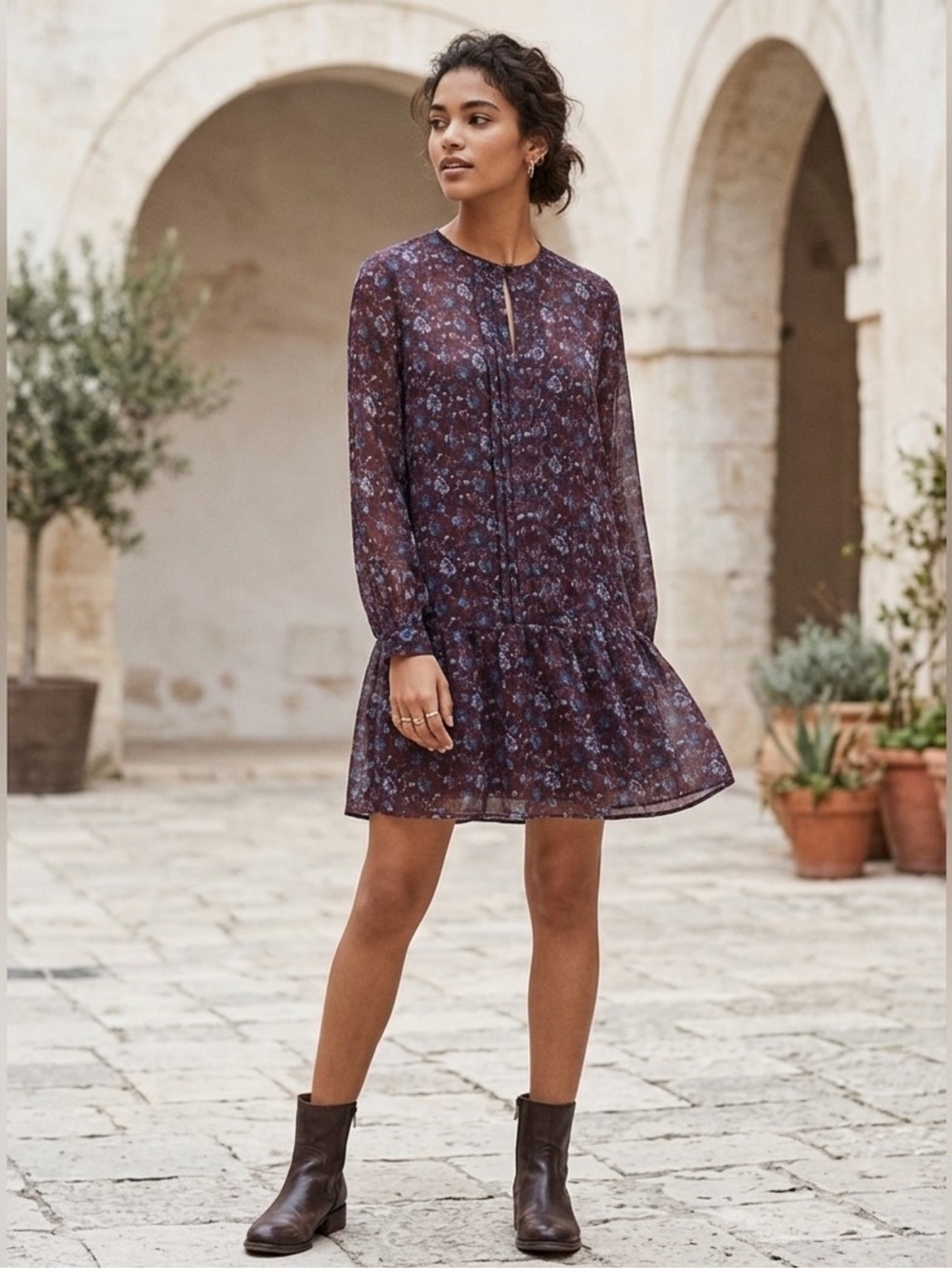 LOFT Purple Floral Long Sleeve Dress